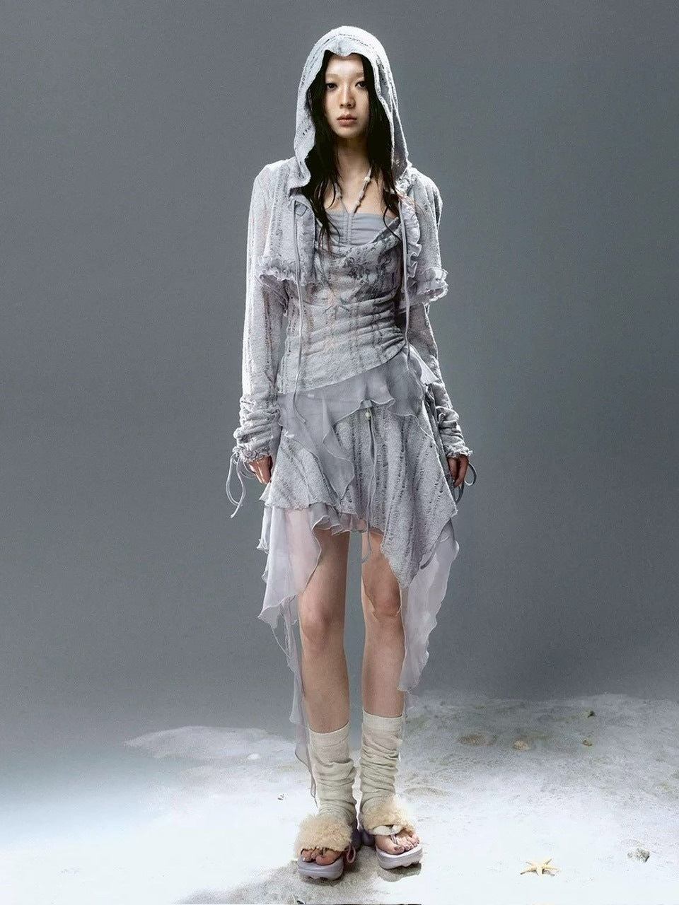 【Cest Nous】Misty Blue Cardigan / 【セヌー】フードフリルシースルーカーディガン