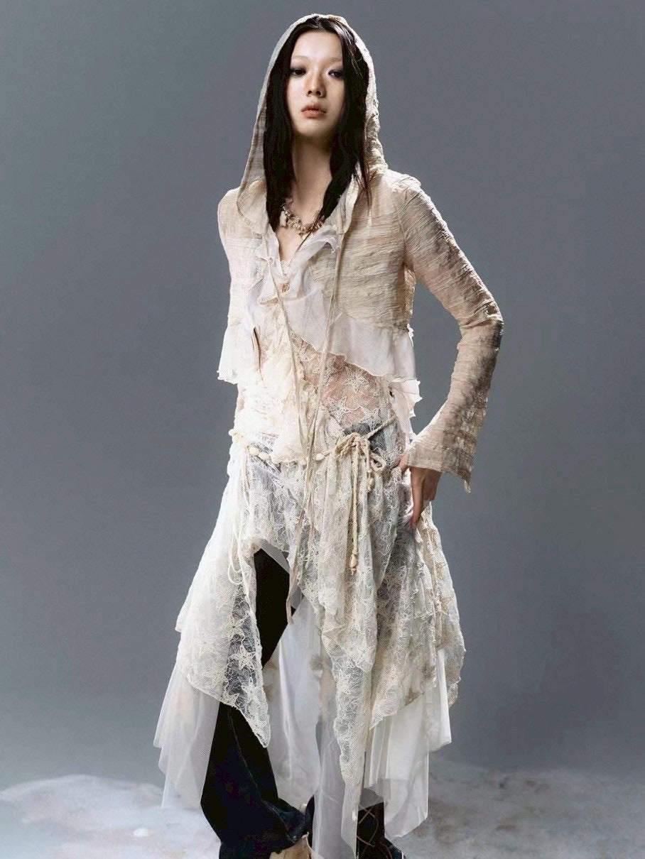 【Cest Nous】Plaid Chiffon Cardigan / 【セヌー】シフォンフリルシースルーカーディガン