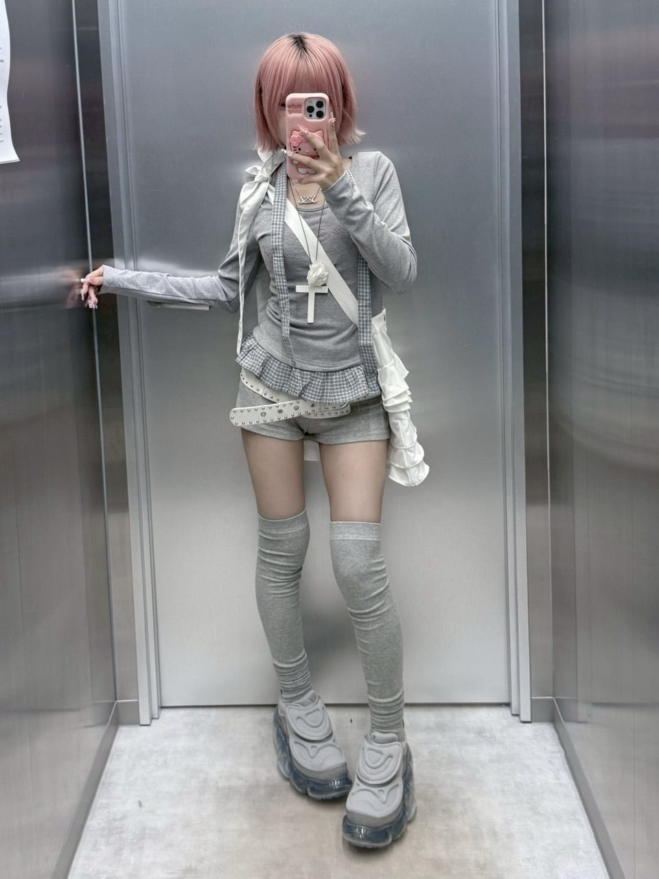 受注制【nmtc +】tie set check lace long sleeve / 【エヌエムティーシープラス】タイ付きチェックレース切り替え長袖Tシャツ (3color)