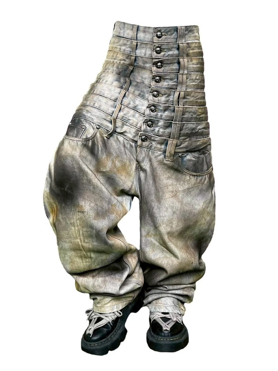 【UNIZ】8 Backs J-Cut Pants / 【ユニズ】ダーティーライクレイヤードバルーンデニムパンツ