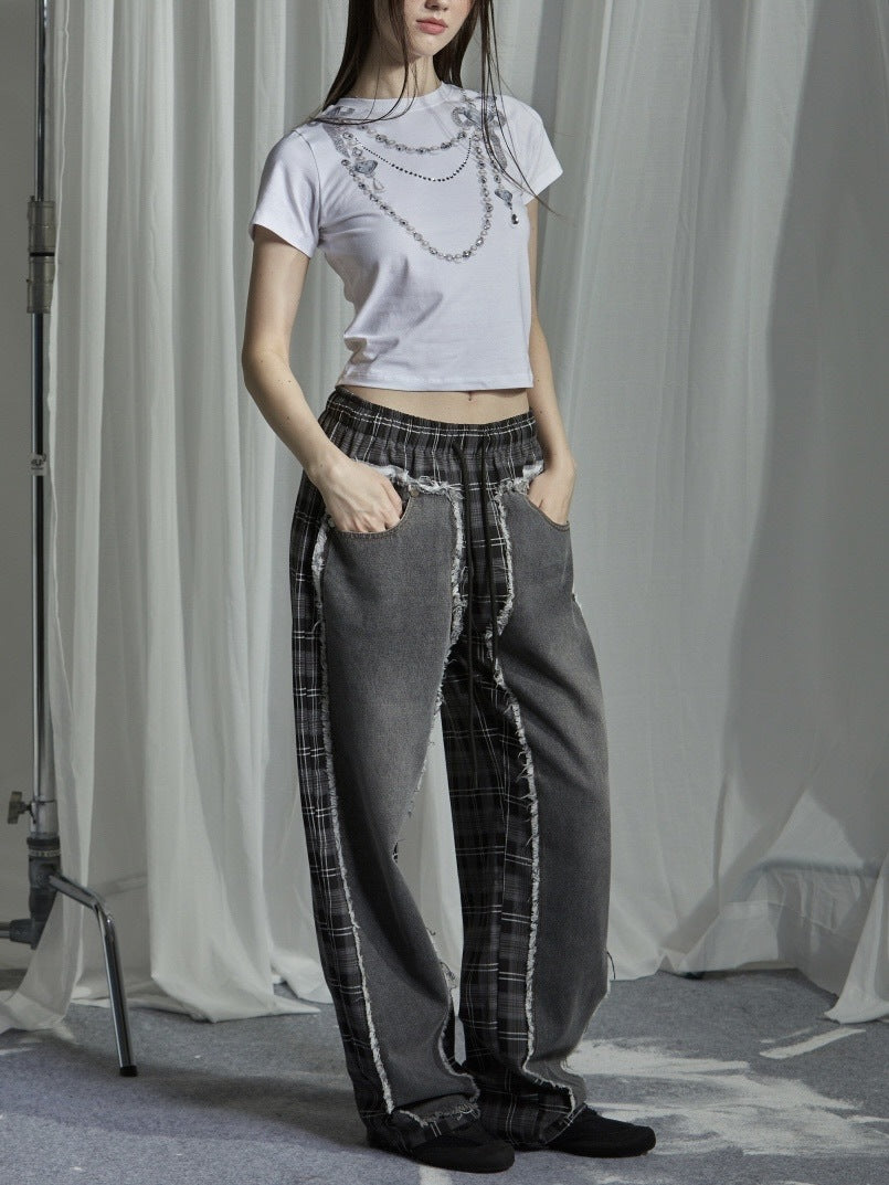 【GATELESS】DAMAGE DENIM PATICHWORK CHECK PANTS / 【ゲートレス】ダメージデニムパッチワークチェックパンツ