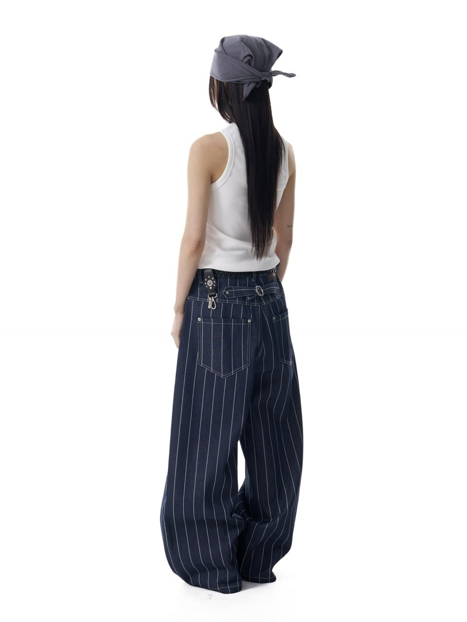 【AAKAM】Striped Cinch Back Denim Pants