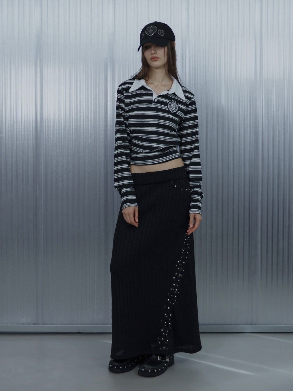 【SETUP‐EXE】STRIPE WAPPEN POLO TOP / 【セットアップエグゼ】ストライプワッペン長袖ポロシャツ