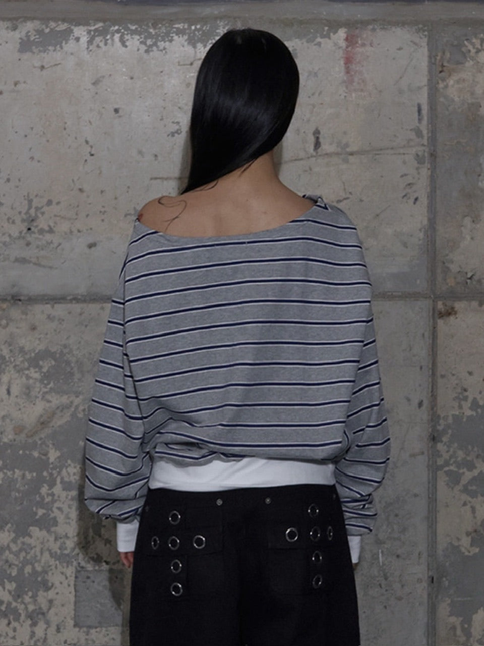 【FANCY CLUB】STRIPE ONE-SHOULDER SWEATSHIRT / 【ファンシークラブ】ストライプワンショルダースウェット長袖Ｔシャツ