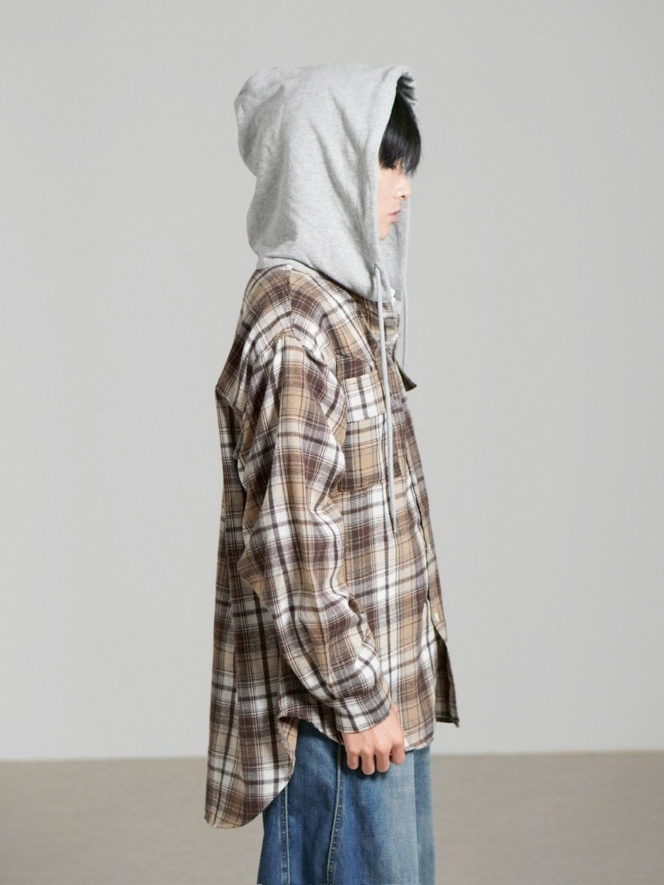 受注制【Chikashitsu +】hood mix check hoodie / 【チカシツプラス】フードミックスチェックパーカー (3color)