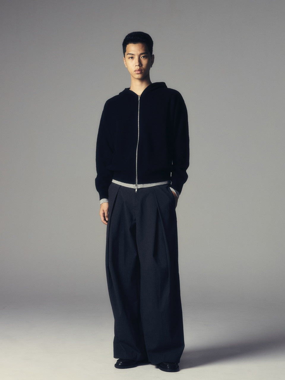 【CS】layered knit zip hoodie (black) / 【シーエス】レイヤードニットジップフーディー