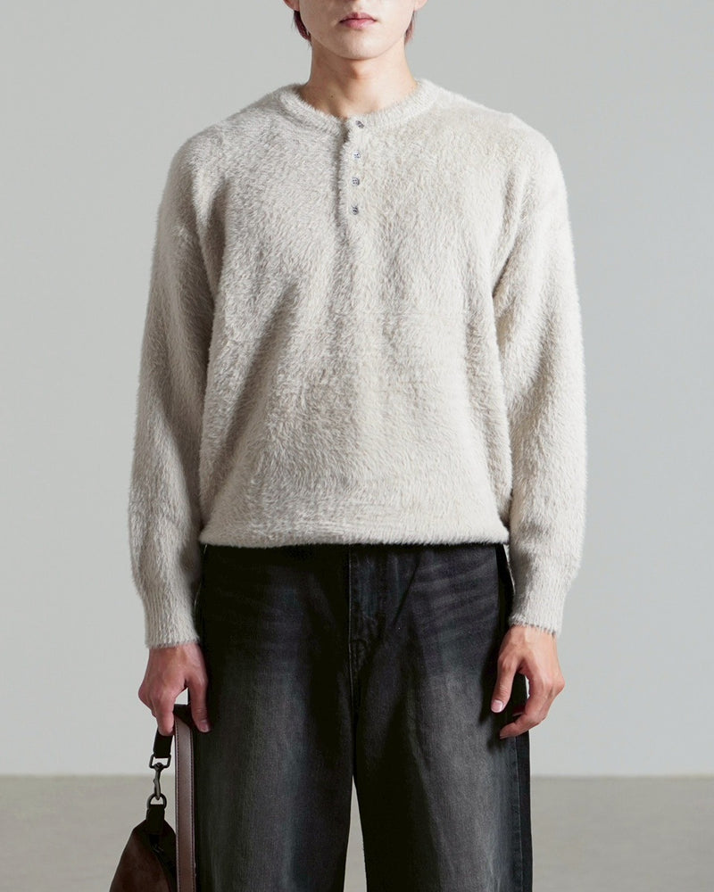 受注制【Chikashitsu +】henry neck hairy knit / 【チカシツプラス】ヘンリーネックヘアリー長袖ニット (5color)