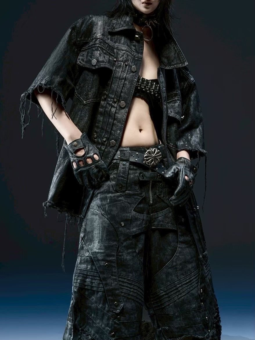 1/2 20:00再販【RICH】Knight Wide Waxed Short Pants/ 【リッチ】デザインデニムダメージハーフパンツ