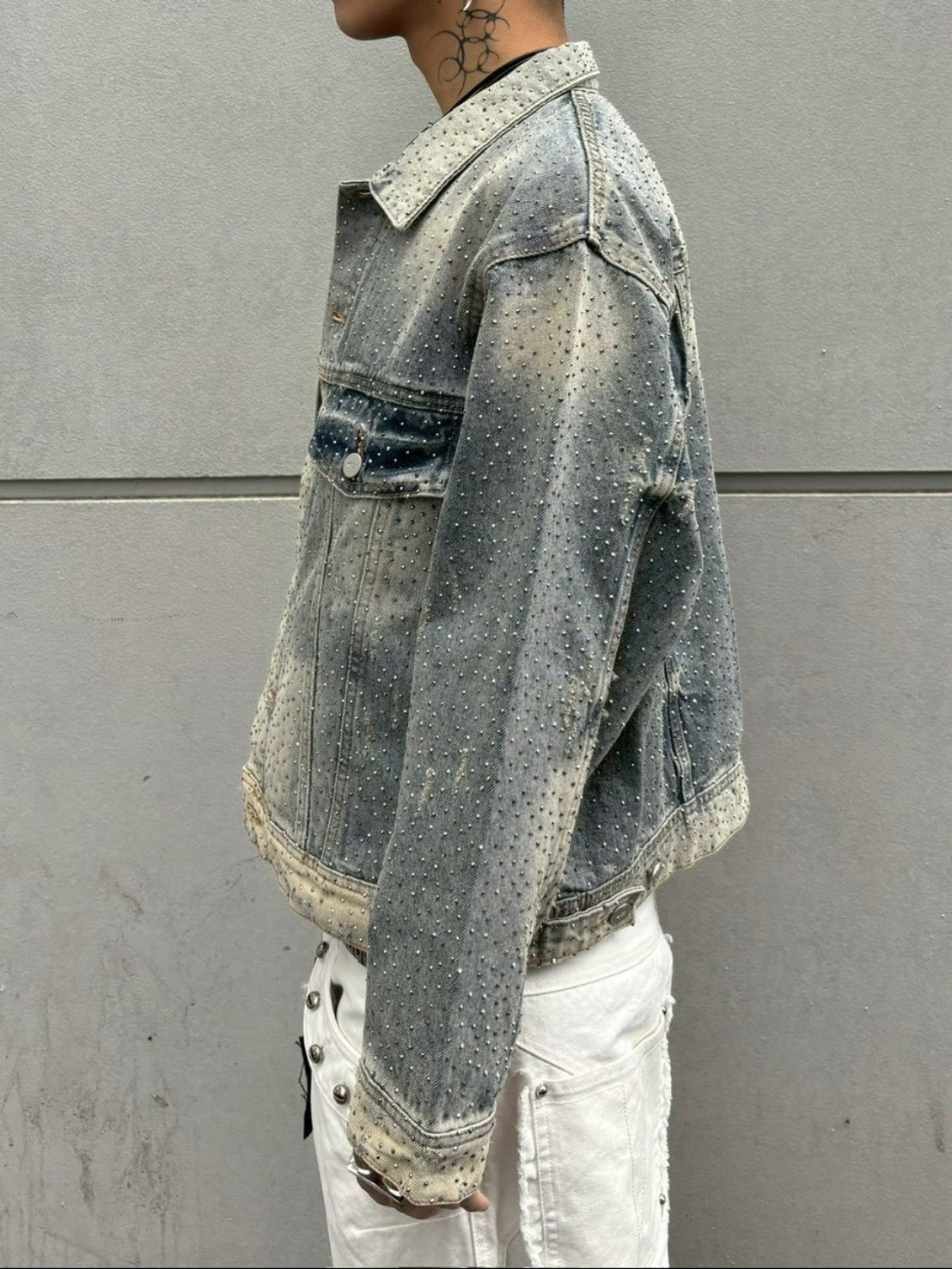 【Never mind the XU】rhinestone denim jacket / 【ネバーマインドザエックスユー】ラインストーンデニムジャケット (2color)