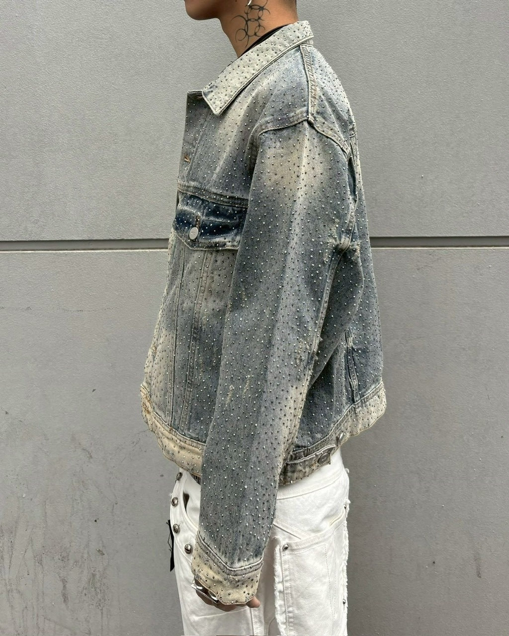 【Never mind the XU】rhinestone denim jacket / 【ネバーマインドザエックスユー】ラインストーンデニムジャケット (2color)