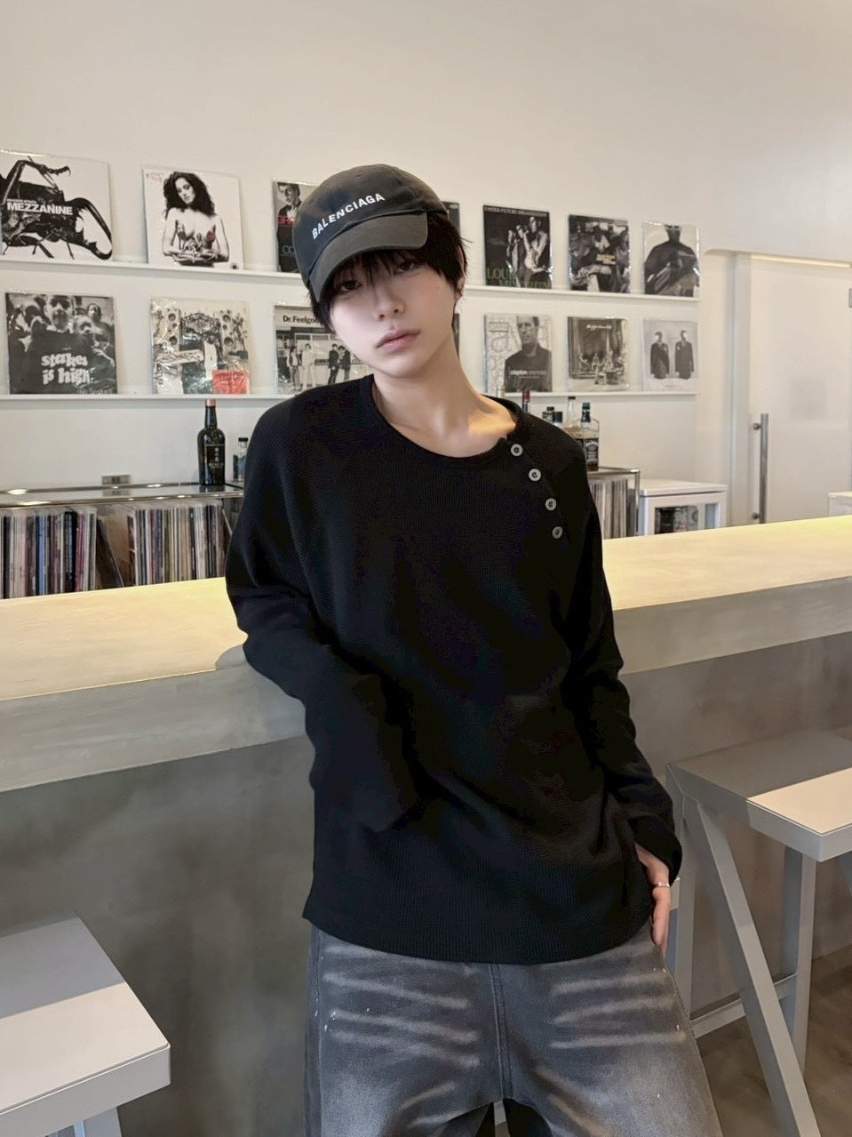 受注制【LUV CODE】snap button waffle long sleeve tee (2color)