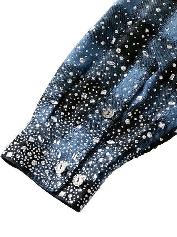 【The Boy Has No Patience】Saint Irregular Hot Diamond Plaid Shirt / 【ザボーイハズノーペーシェンス】ラインストーングラデーション長袖チェックシャツ