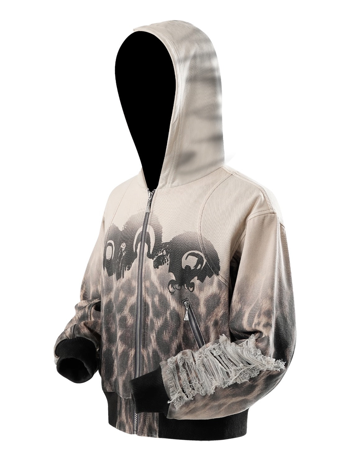 【The Boy Has No Patience】Fur Print Patchwork Jacket / 【ザボーイハズノーペーシェンス】レオパードプリントダメージフードジップアップブルゾン