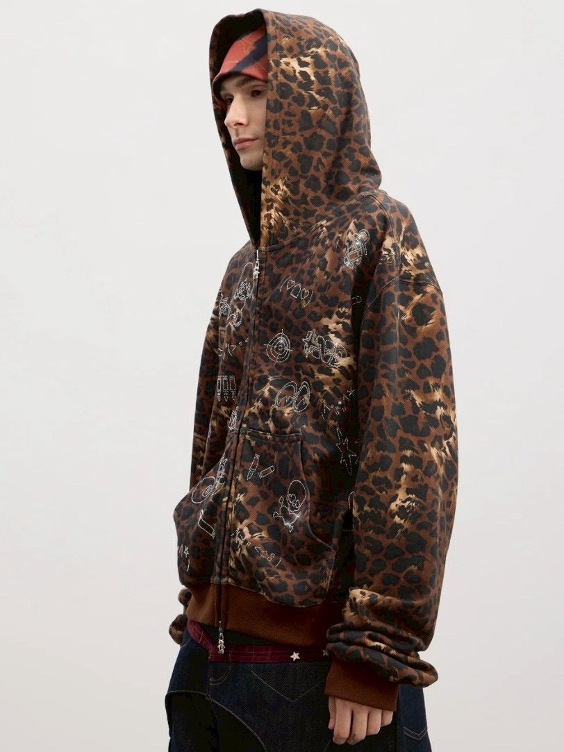 【DND4DES】Cartoon Rhinestone-Studded Leopard Print Zip Hoodie /【ディーエヌディーフォーデス】ラインストーンレオパードプリントジップアップパーカー