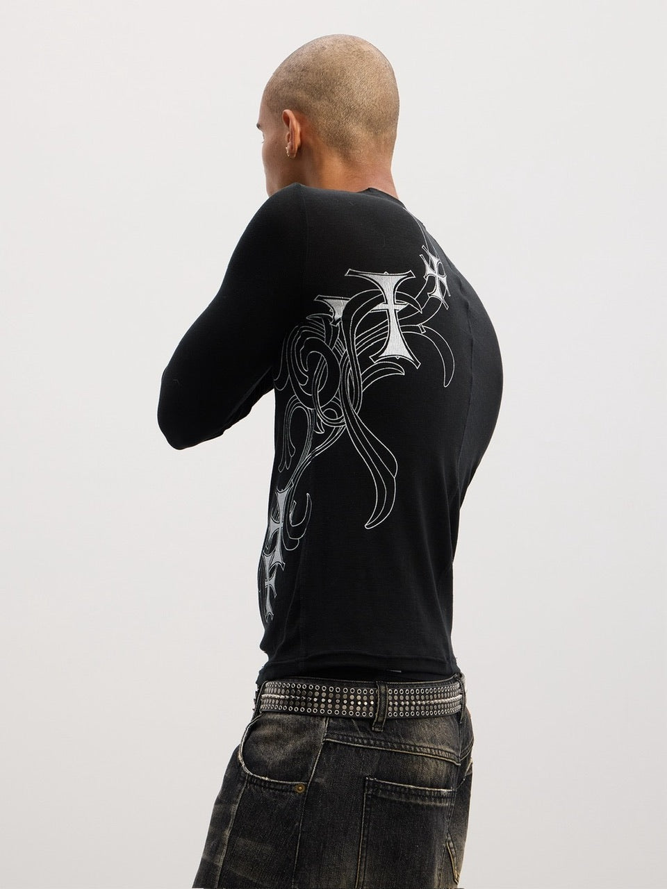 【DND4DES】Honeysuckle Pattern Cross Wool Long Sleeve /【ディーエヌディーフォーデス】サイドクロスデザインウール長袖Tシャツ