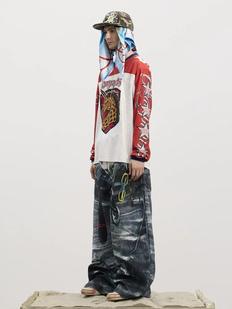 【DND4DES】Double Waist Badge All-Over Print Pants /【ディーエヌディーフォーデス】ダブルウエストプリントデニムパンツ
