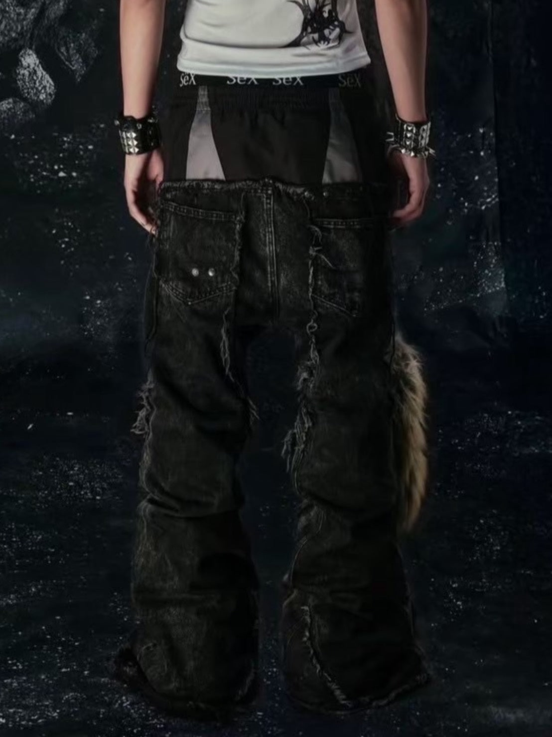 【Cozy world Wide】COZY25 TRIPPLE LAYER WAXED FLARED JEANS / 【コージーワールドワイド】レイヤードフリンジデニムフレアパンツ