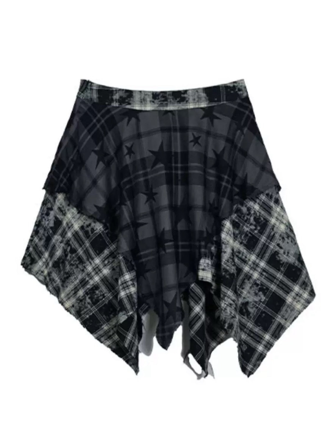 【Cest Nous】Star-Patterned Plaid Asymmetrical Skirt