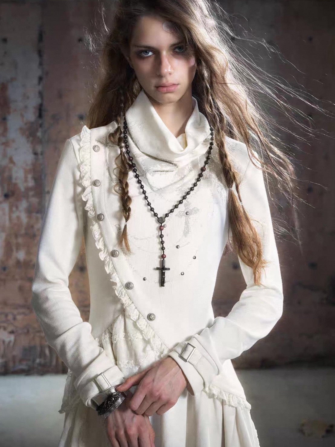 【Cest Nous】Beige Cowl Neck Dress / 【セヌー】ハイネックアシンメトリーフリルワンピース