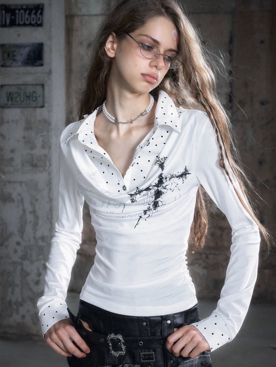 【Cest Nous】White Polka Dot Top / 【セヌー】レイヤードドットシャツ