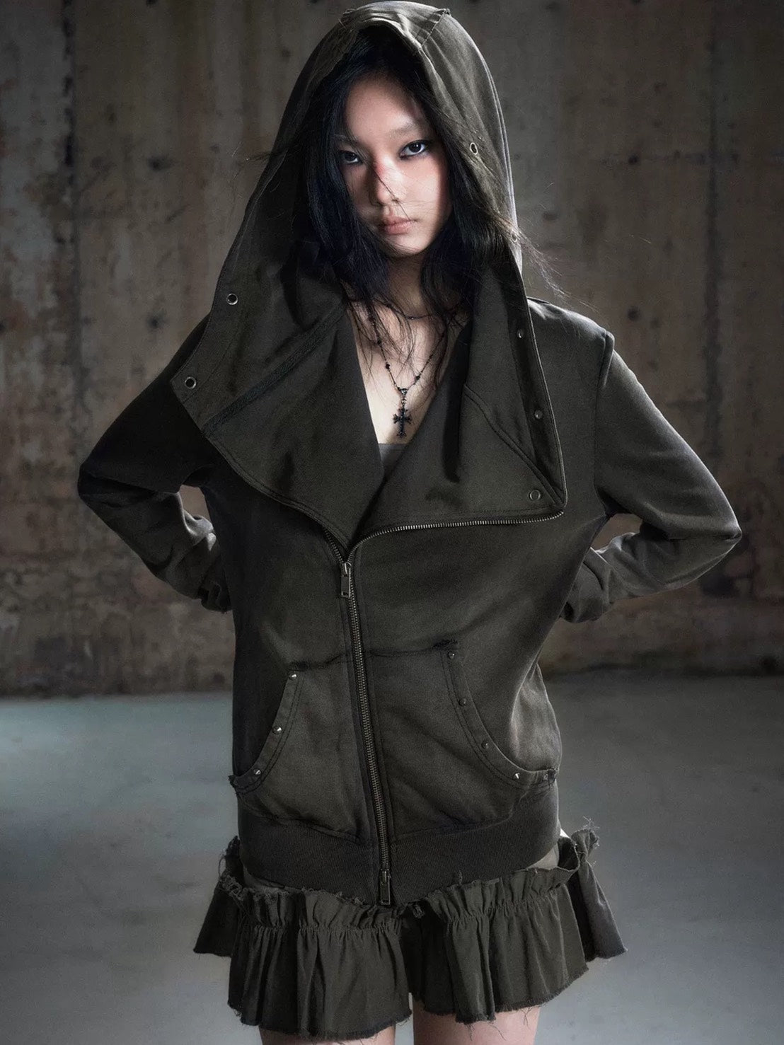 【Cest Nous】Studded Hoodie / 【セヌー】オープンカラースタッズジップパーカー