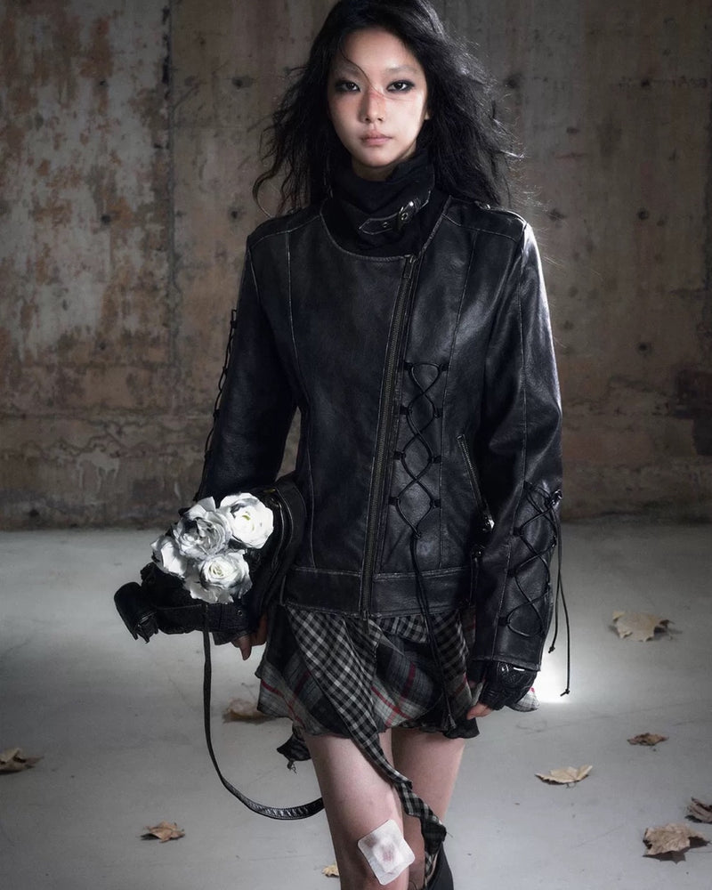 【Cest Nous】Lace-up Non-leather Jacket / 【セヌー】ハイネックコーティングレースアップジャケット