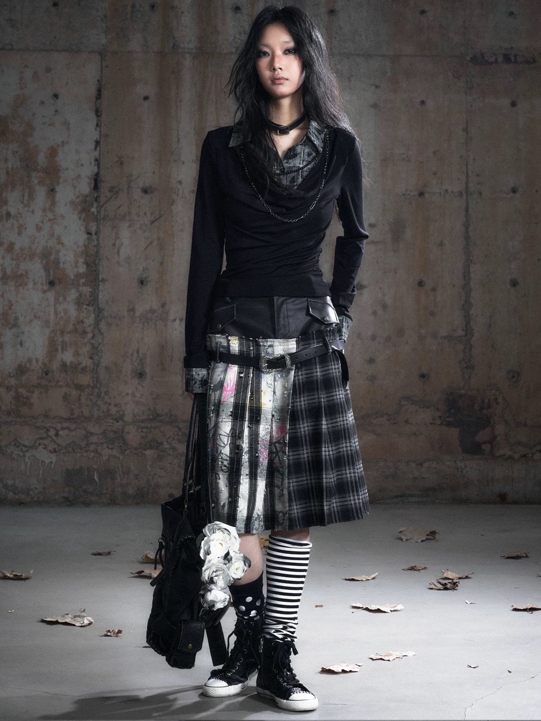 【Cest Nous】Plaid Pleated Skirt / 【セヌー】レイヤードデザインベルトプリーツスカート