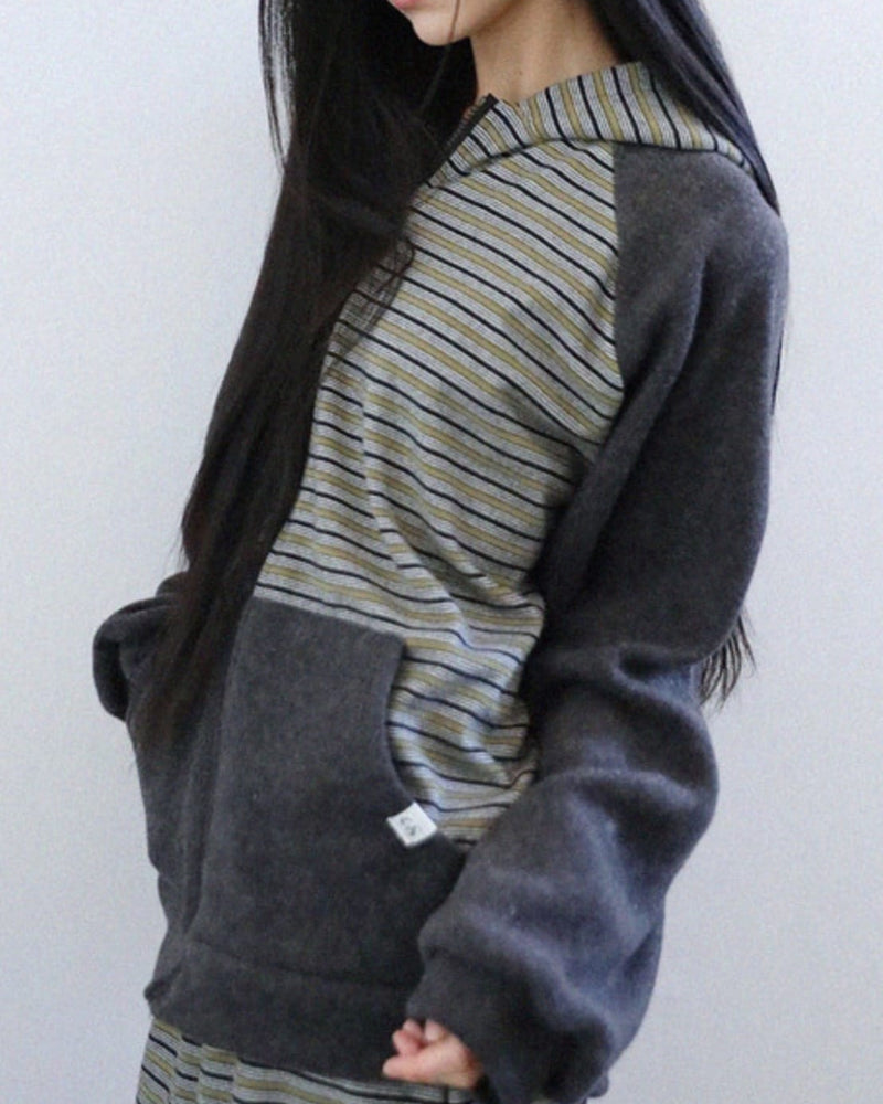12/21 20:00 発売【Uglyshadow】RABBIT EAR HOOD STRIPE ZIP-UP