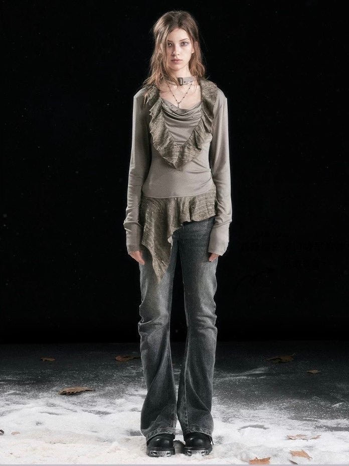 【Cest Nous】Ruffle hem top / 【セヌー】チョーカー付きアシンメトリーフリルトップス