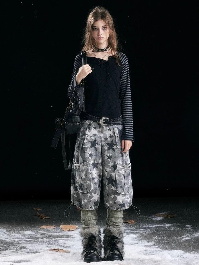 【Cest Nous】Asymmetric henley neck top / 【セヌー】ボーダースリーブ長袖Ｔシャツ