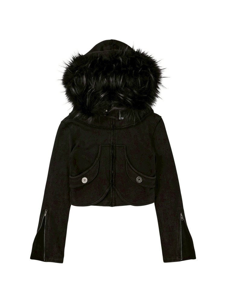 【bonienkiye】Distressed Seam Fur Hood Zip-Up