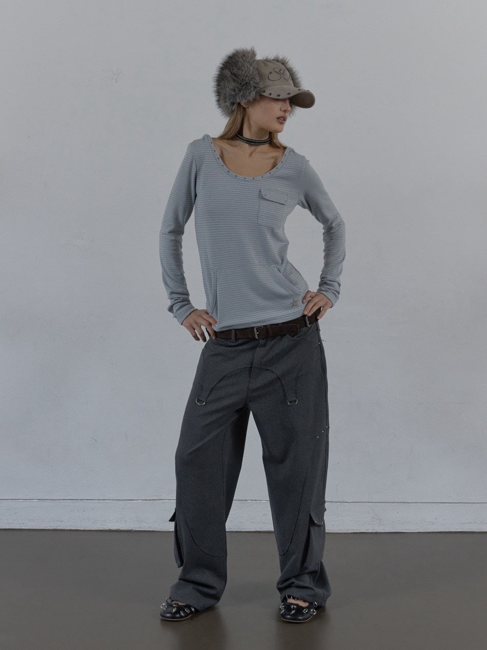 【SETUP‐EXE】SOFT STRIPE HOODIE TOP / 【セットアップエグゼ】ボーダーフード長袖Tシャツ