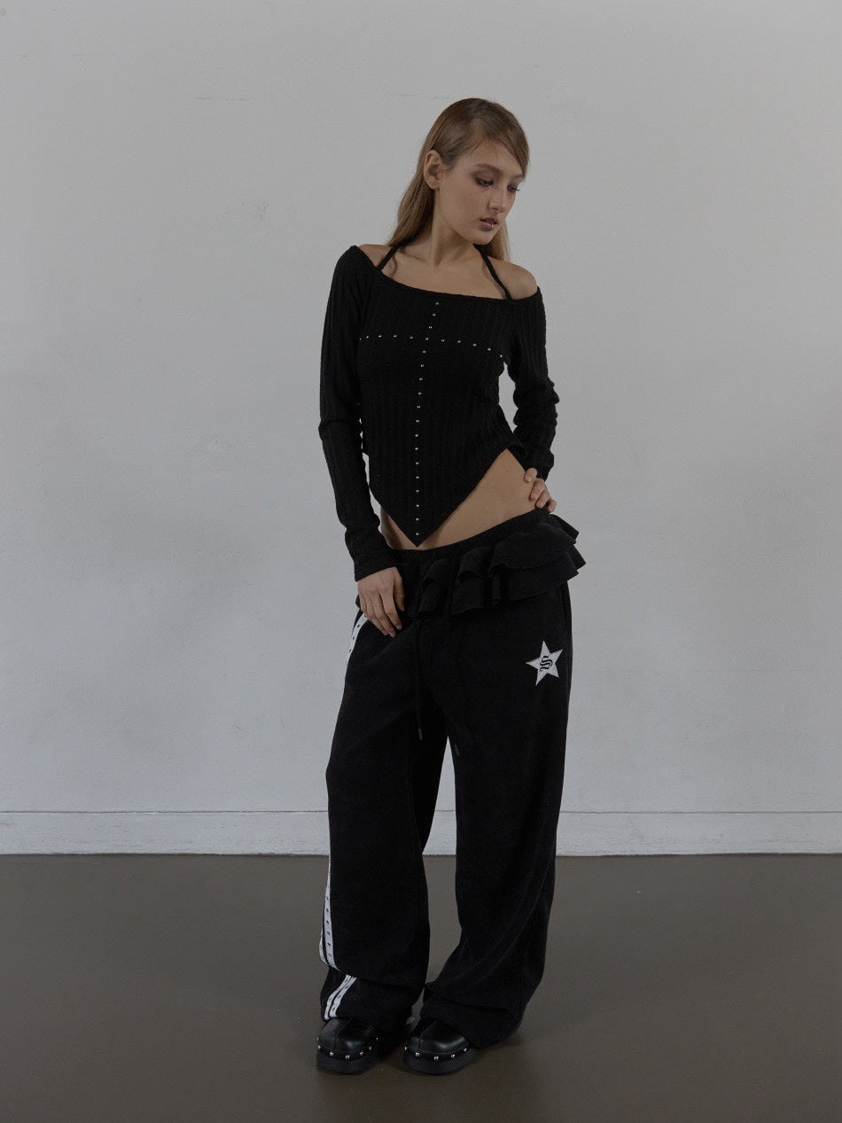 【SETUP‐EXE】FRILL EYELET SWEATPANTS / 【セットアップエグゼ】フリルアイレットサイドラインスウェットパンツ
