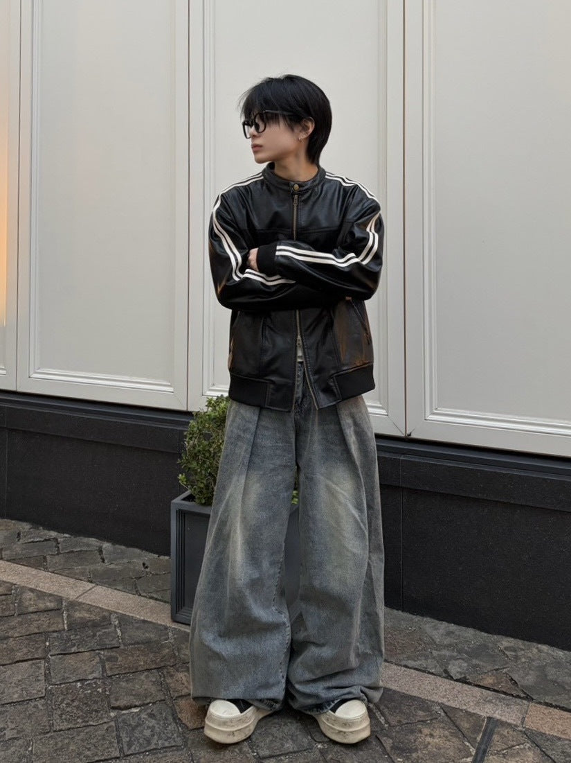 国際配送【LUV CODE】line leather jacket (2color)