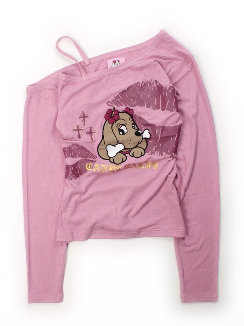 【GALFY】SEXY LIPS TEE / 【ガルフィー】ワンショルダーリッププリント長袖Tシャツ