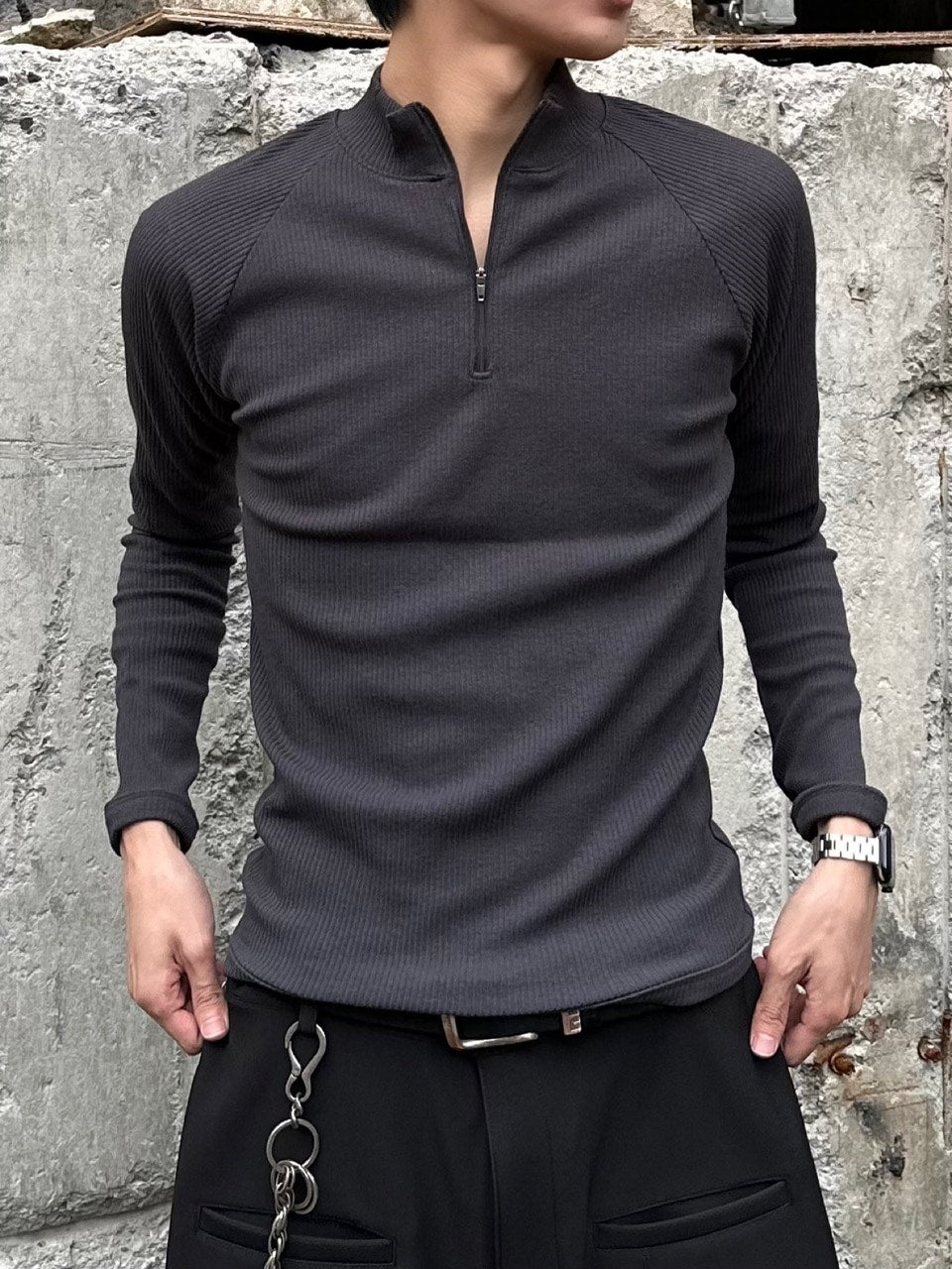 大阪店WEB限定受注制【Chikashitsu＋】mockneck zip long sleeve / 【チカシツプラス】モックネックジップ長袖Tシャツ (3color)