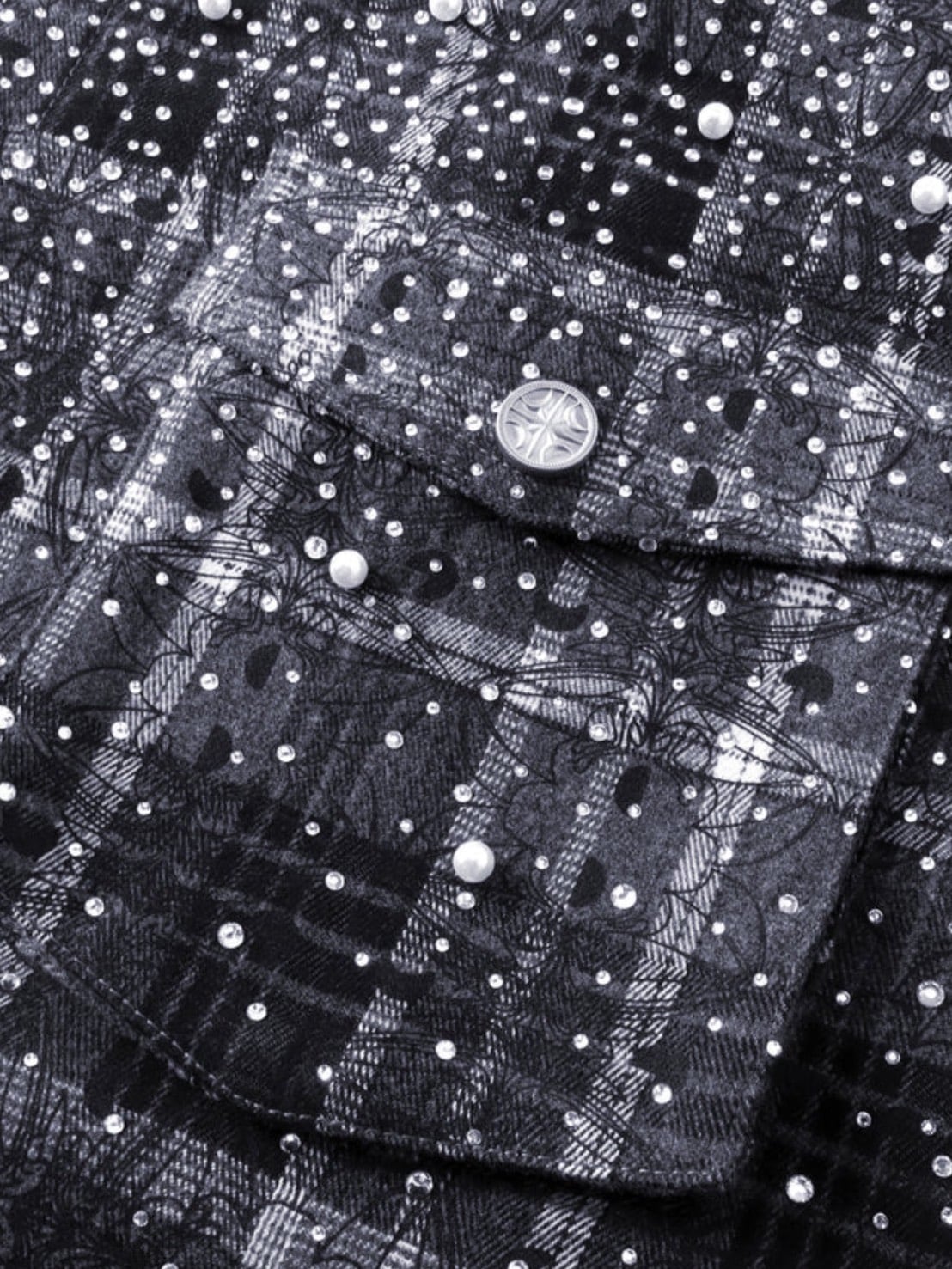 【The Boy Has No Patience】TBHNP LUMINOUS DAWN RHINESTONE PEARL BAT PATTERN L-S SHIRT / 【ザボーイハズノーペーシェンス】ラインストーンチェックシャツ