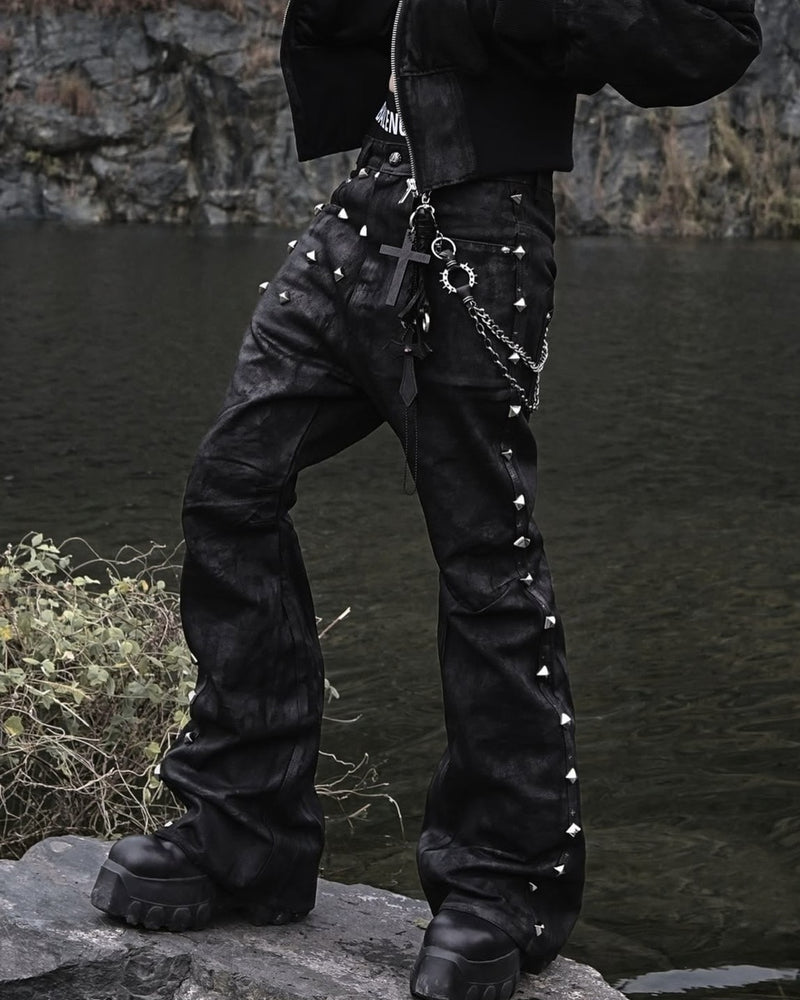 2/28 20:00発売【UNIZ】Egypt Coated Flare Pants / 【ユニズ】スタッズデニムフレアパンツ