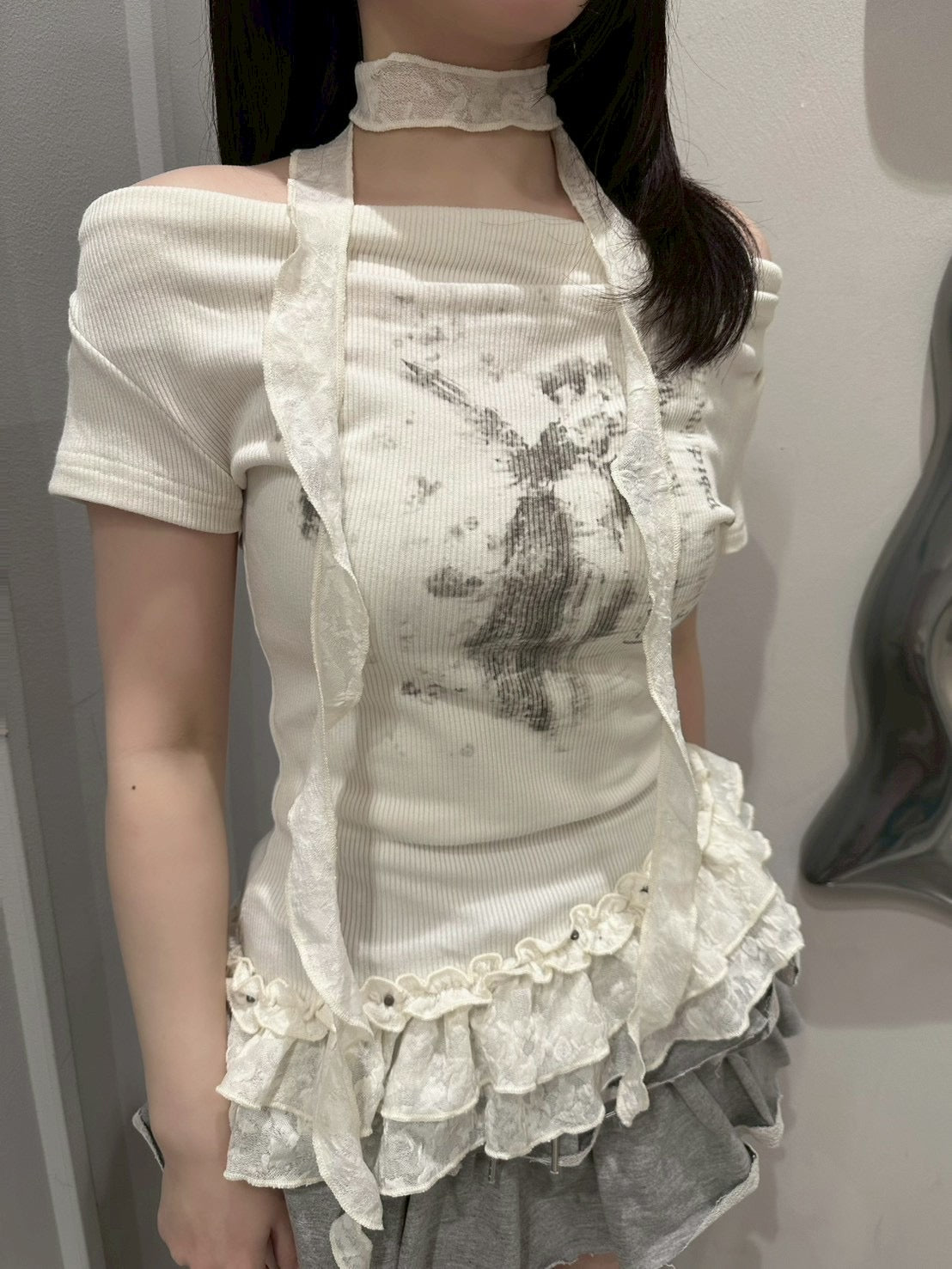 受注制【nmtc+】Drape Neck Frill Tee Scarf Set (3color)