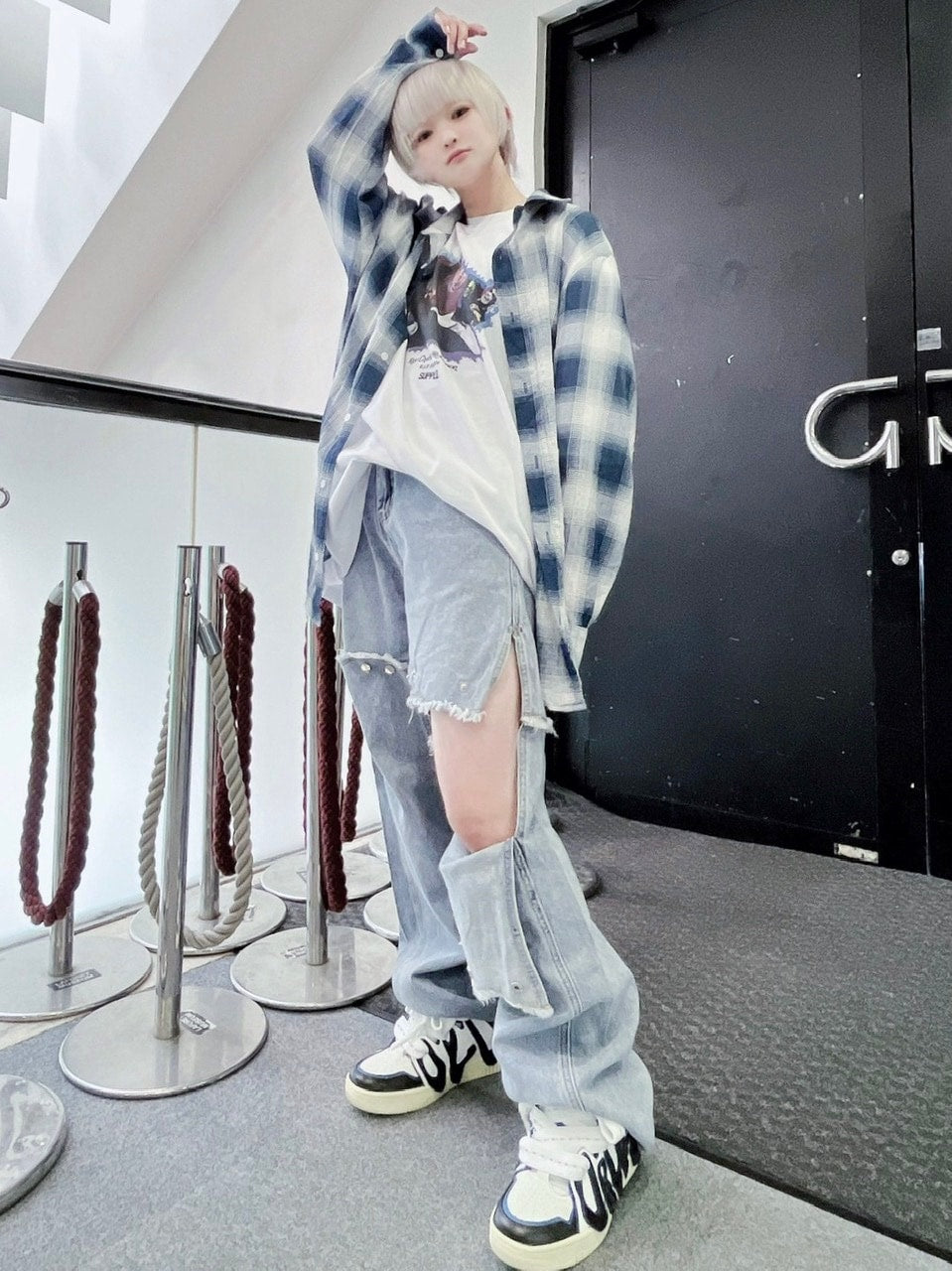 受注制【Never mind the XU】chiffon check shirt (2color) / 【ネバーマインドザエックスユー】シフォンチェック長袖シャツ