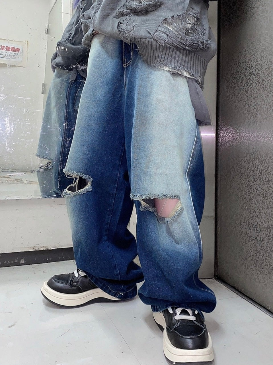 受注制【Never mind the XU】vintage wash damage denim pants (2color