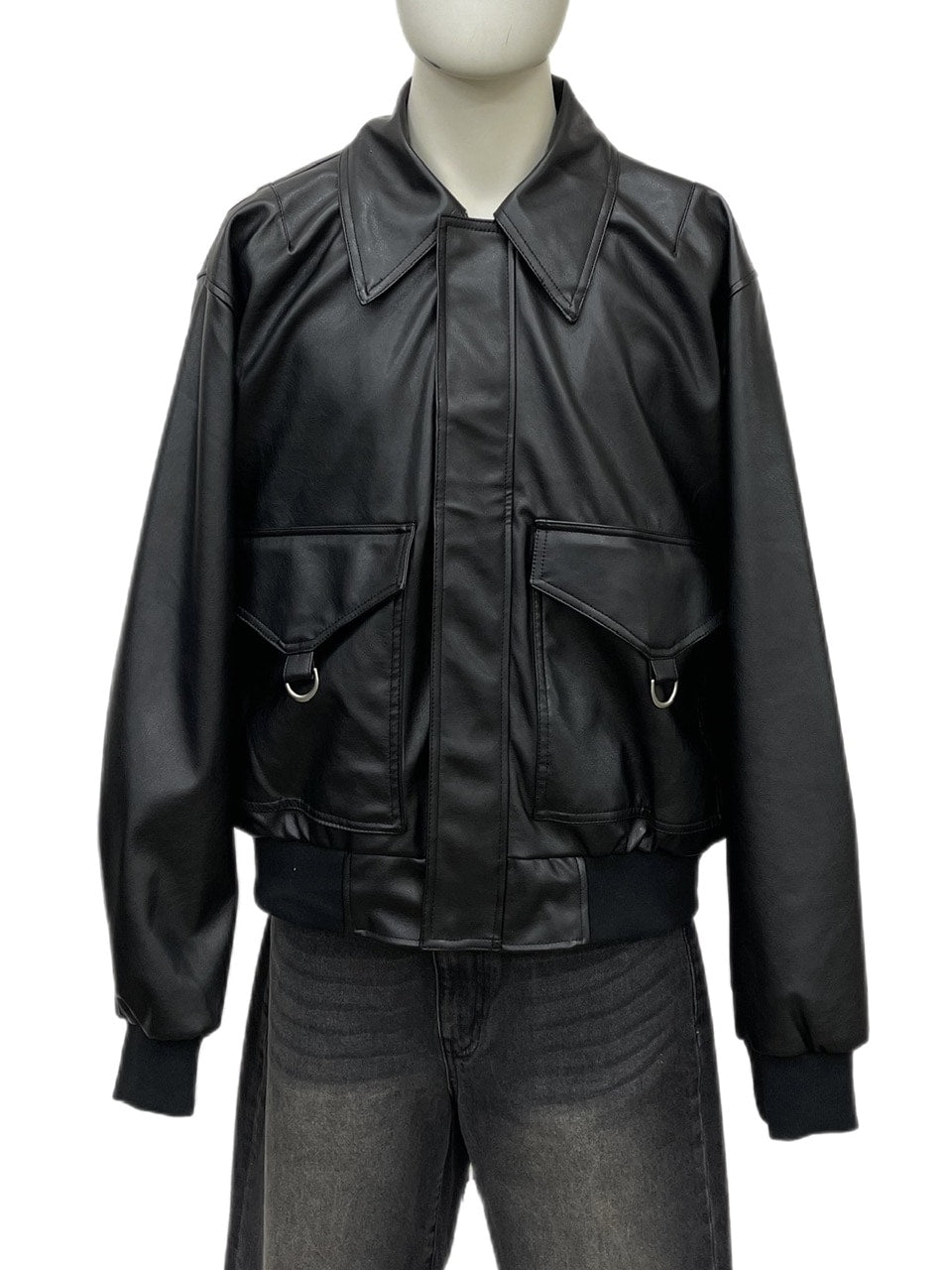 【Chikashitsu +】ブラック レザージャケット 受注制【Chikashitsu +】high neck non-leather bomber jacket (2color