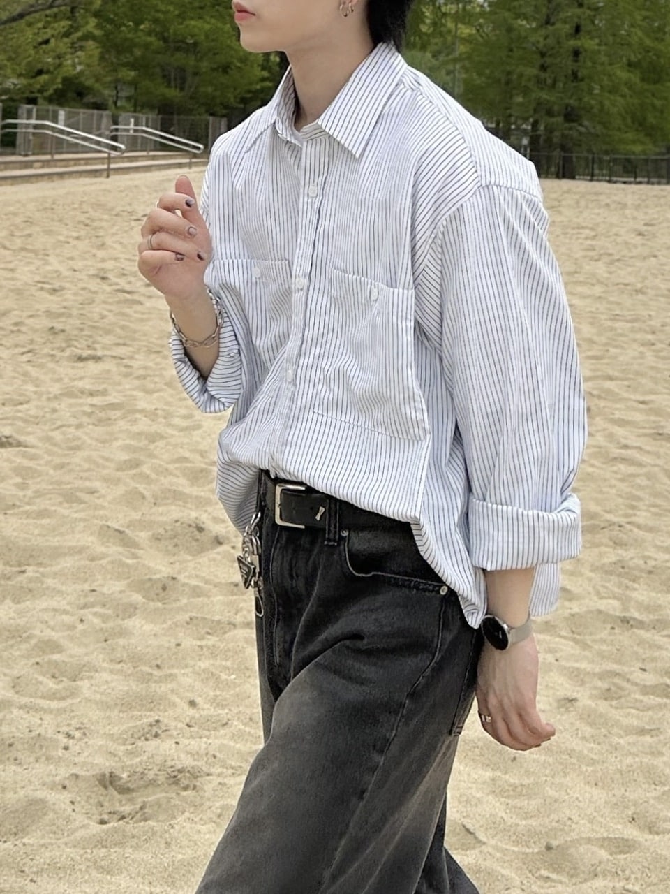 大阪店WEB限定受注制【Chikashitsu +】cropped stripe shirts (2color)