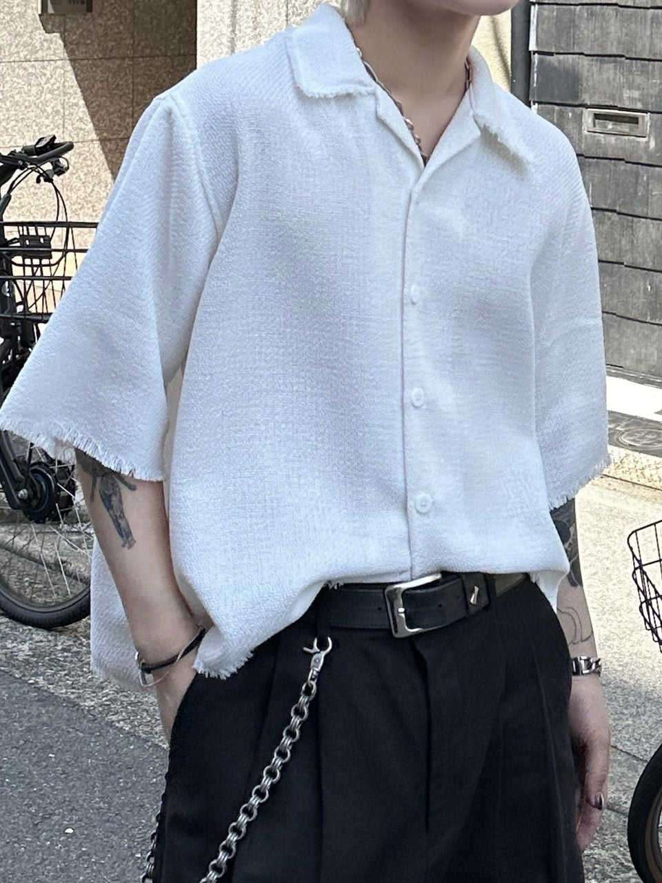 大阪店WEB限定受注制【Chikashitsu +】tweed cropped shirt (2color)