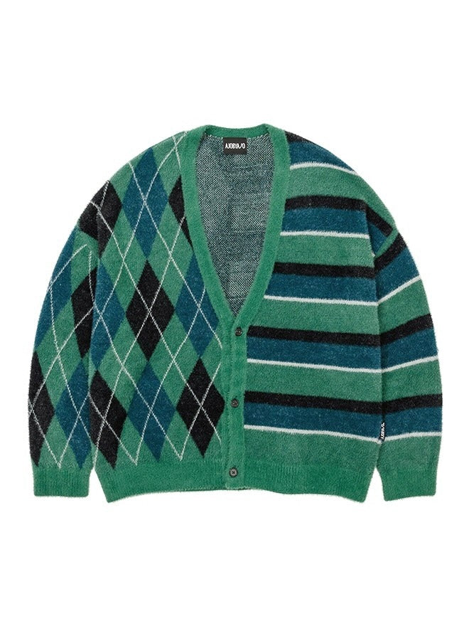【AJOBYAJO】Argyle Stripe Mixed Cardigan / 【アジョバイアジョ】アーガイルストライプボーダーミックス長袖カーディガン