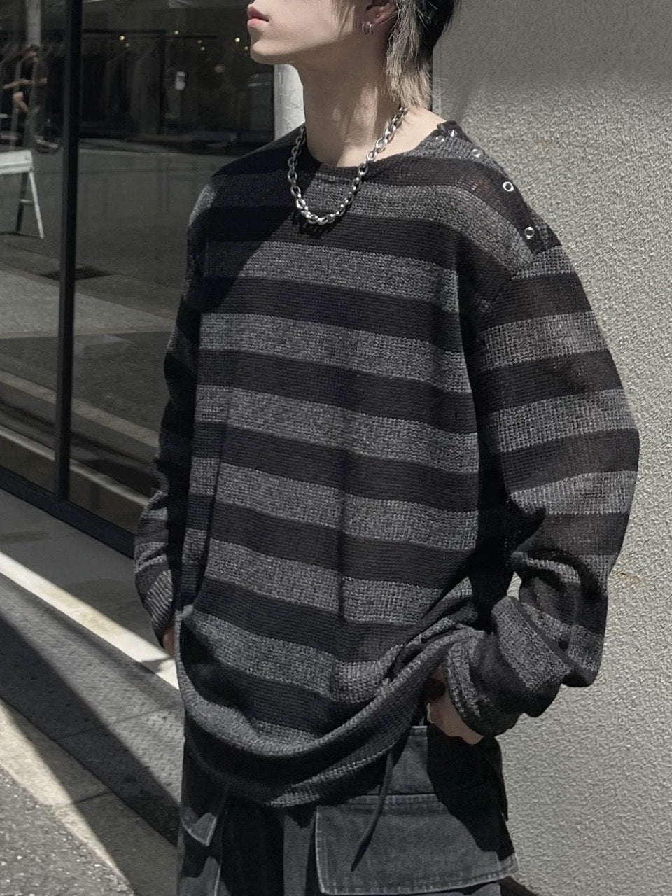 大阪店WEB限定受注制【Chikashitsu +】shoulder snap border knit (2color)