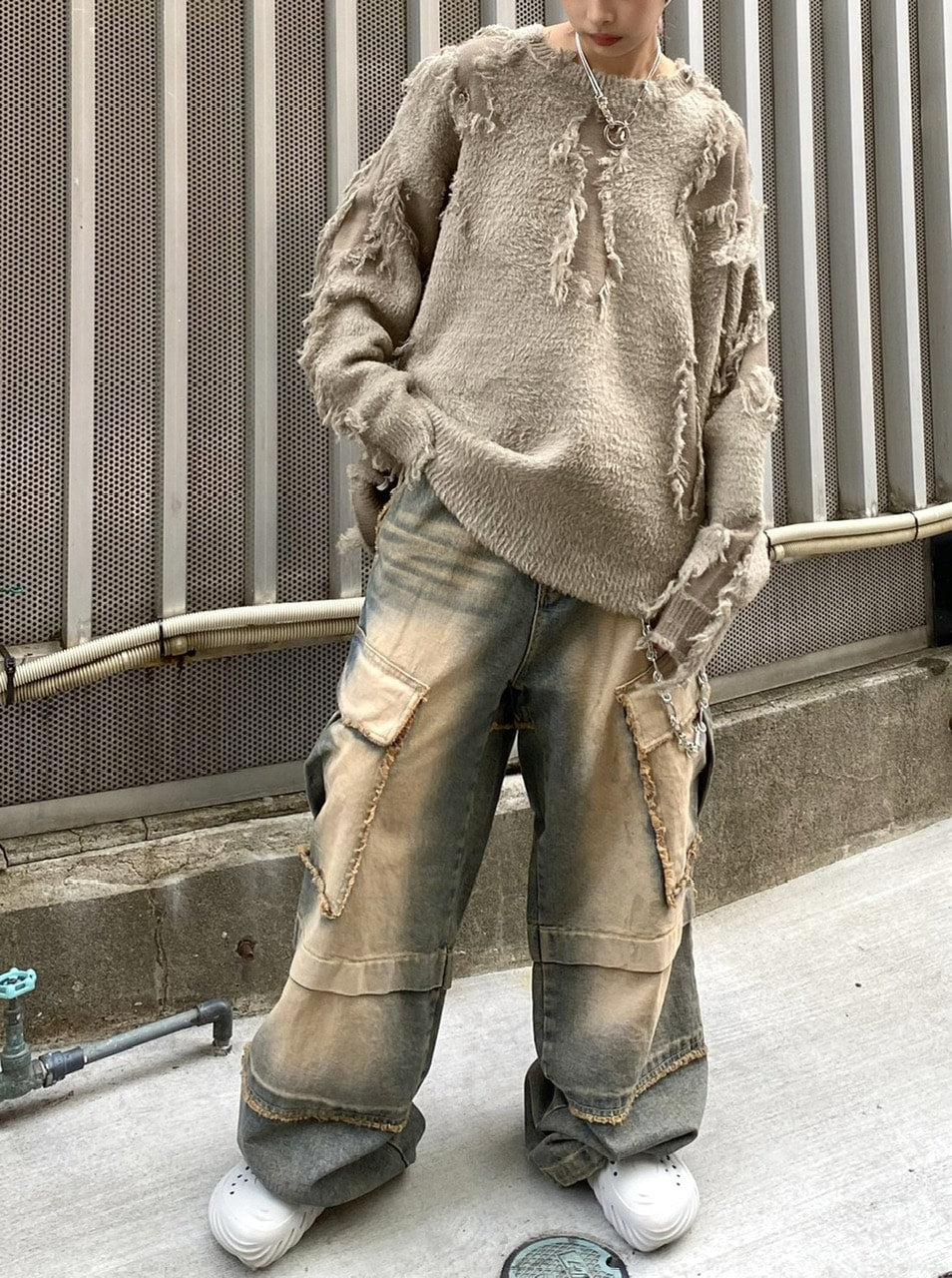 受注制【Never mind the XU】grunge denim cargo pants (2color) / 【ネバーマインドザエックスユー】グランジカーゴデニムパンツ