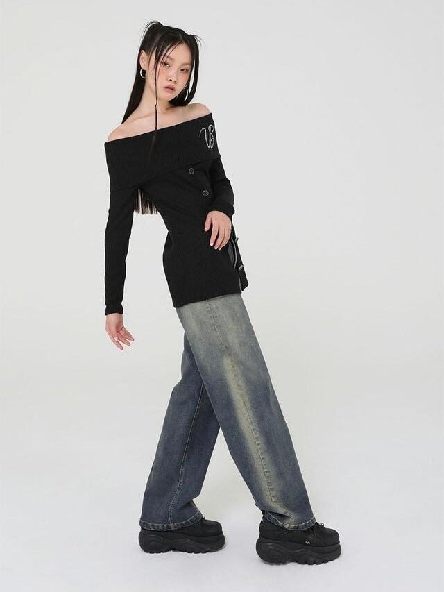 【Uglyshadow】BEAD KNIT OFF-SHOULDER / 【アグリーシャドウ】ビーズロングオフショルダー長袖カーディガン