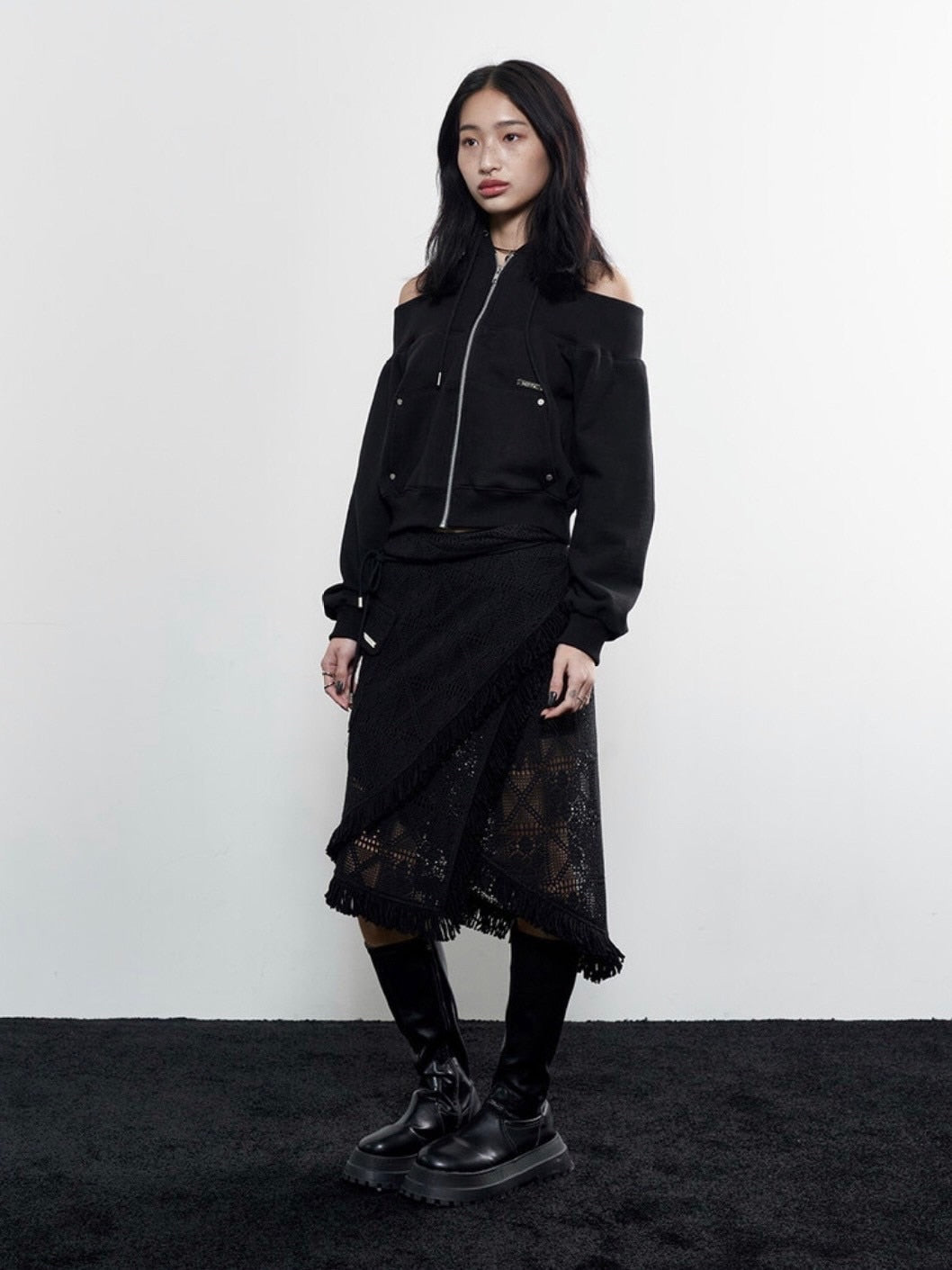 【NOT KNOWING】Open Shoulder Zip Up Hoodie / 【ノットノーイング】オープンショルダージップアップパーカー