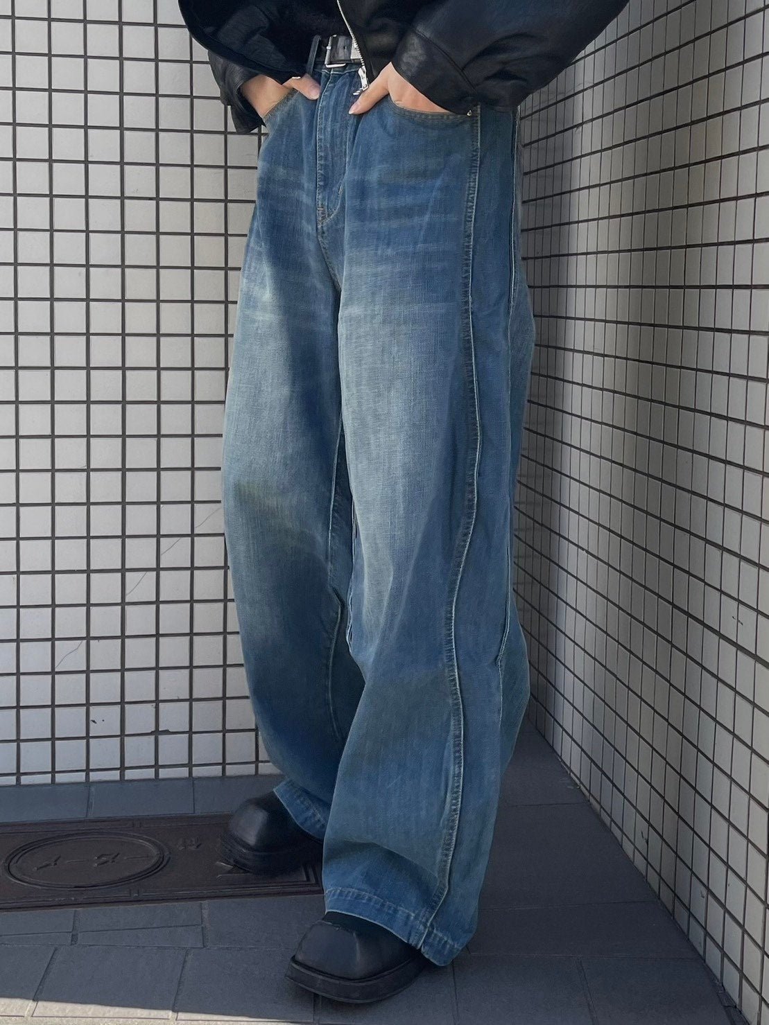 【Chikashitsu +】side wave design denim pants